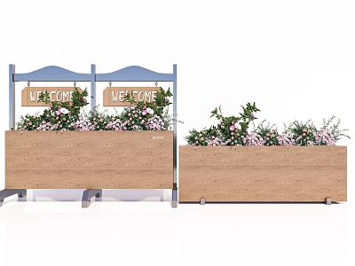Wooden Flower Planters with Welcome Signs Pink Flowers and Green Foliage for Outdoor Garden Decoration 3d model