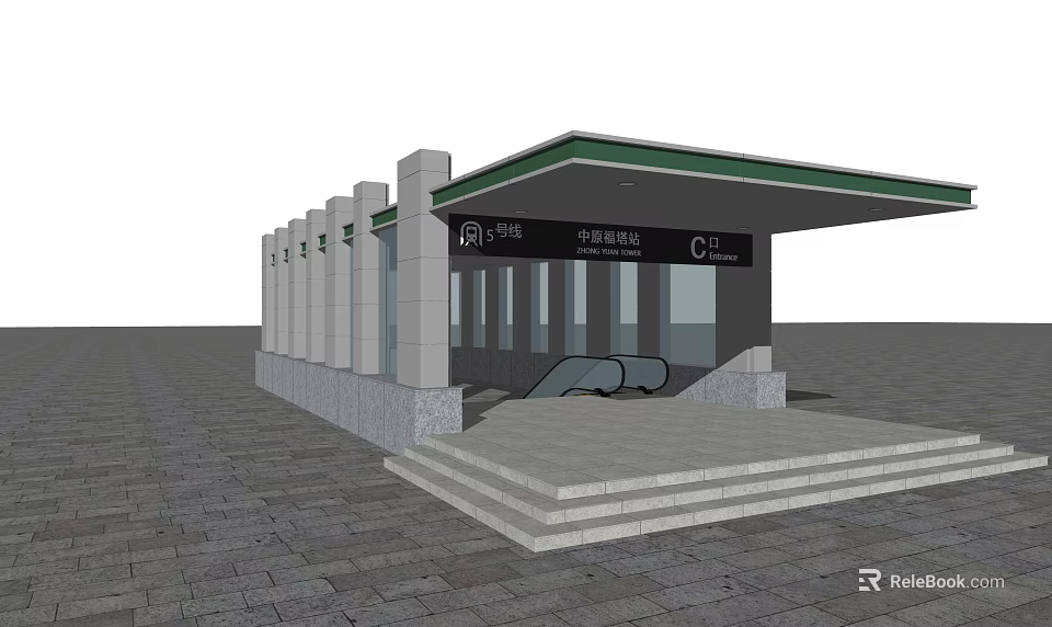 Modern Subway Station Entrance With Escalator Stone Steps And Glass Windows 3d model 