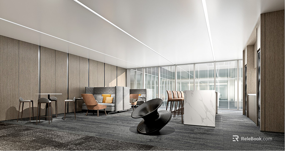 Modern Break Room Interior Design With Sofa Chairs Marble Counter And Large Windows 3d model 