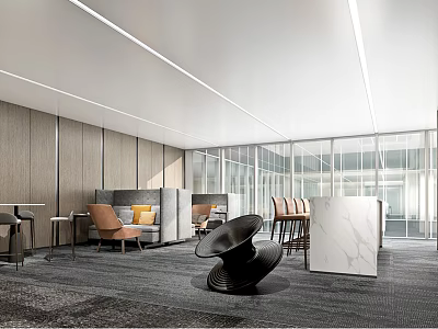 Modern Break Room Interior Design With Sofa Chairs Marble Counter And Large Windows 3d model