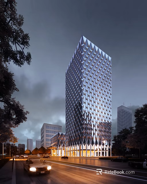 Tall Modern Office Building With Diamond Shaped Glass Curtain Wall And Urban Skyline 3d model 