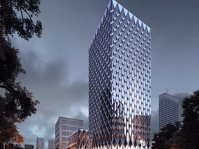 Tall Modern Office Building With Diamond Shaped Glass Curtain Wall And Urban Skyline 3d model
