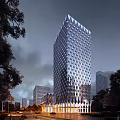 Tall Modern Office Building With Diamond Shaped Glass Curtain Wall And Urban Skyline
