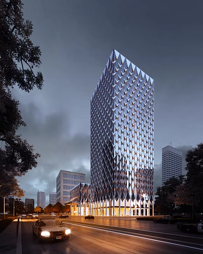 Tall Modern Office Building With Diamond Shaped Glass Curtain Wall And Urban Skyline 3d model