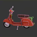 Red Vintage Scooter With Brown Leather Seat And Reflection On Dark Background