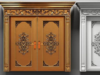 Golden And White Double Doors With Intricate Carved Designs And Decorative Frames 3d model