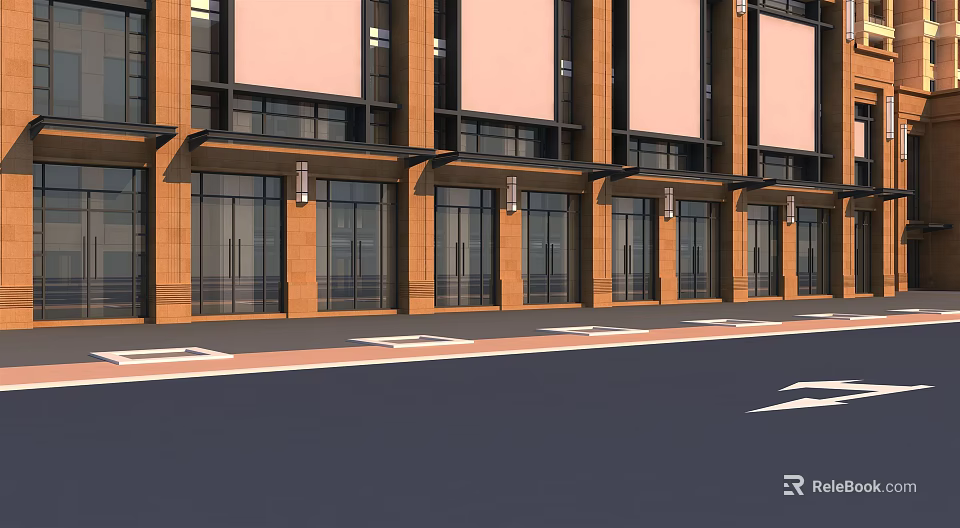 Modern Commercial Street Building Facade With Glass Storefronts Awnings And Pedestrian Walkway 3d model 