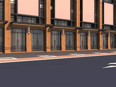 Modern Commercial Street Building Facade With Glass Storefronts Awnings And Pedestrian Walkway 3d model