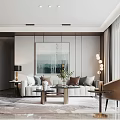 Modern Elegant Living Room With Marble Floor Sofa Coffee Table Floor-to-Ceiling Windows And TV Wall