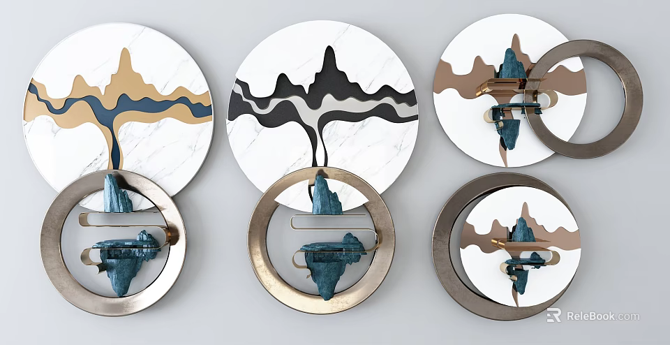 Modern Circular Wall Decor With Abstract Wave Patterns And Metal Accents 3d model