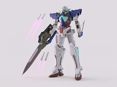 Detailed Blue and White Robot Model Featuring Large Sword With Pink Beams Behind 3d model