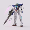 Detailed Blue and White Robot Model Featuring Large Sword With Pink Beams Behind