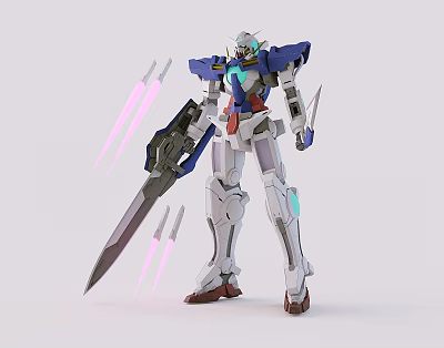 Detailed Blue and White Robot Model Featuring Large Sword With Pink Beams Behind 3d model