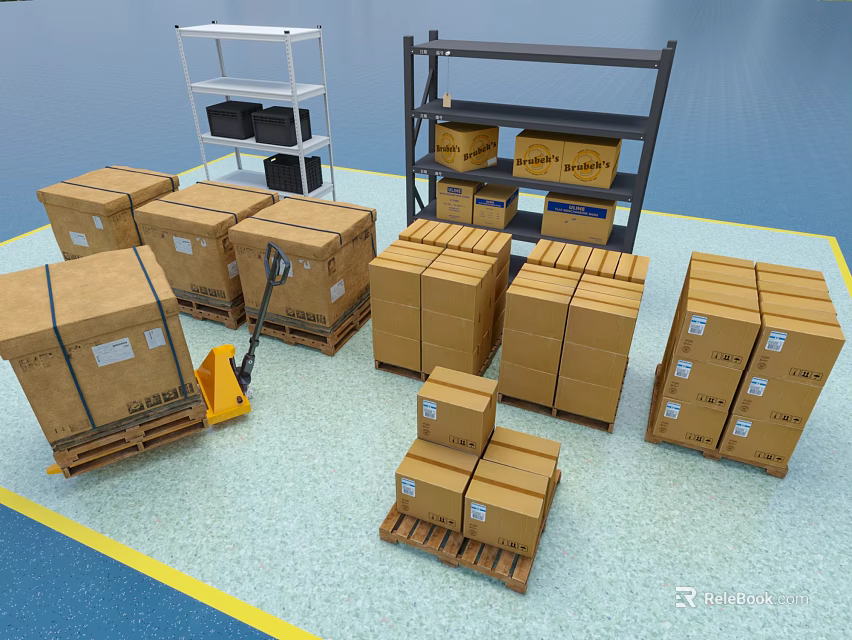 Industrial Equipment Including Metal Shelving Units For Warehouse Storage With Pallets Cardboard Boxes And Forklift 3d model 