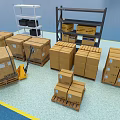 Industrial Equipment Including Metal Shelving Units For Warehouse Storage With Pallets Cardboard Boxes And Forklift