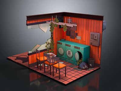 Cartoon Laundry Room Scene With Orange Wooden Walls Green Washing Machine And Orange Chairs 3d model