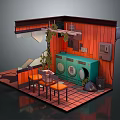Cartoon Laundry Room Scene With Orange Wooden Walls Green Washing Machine And Orange Chairs