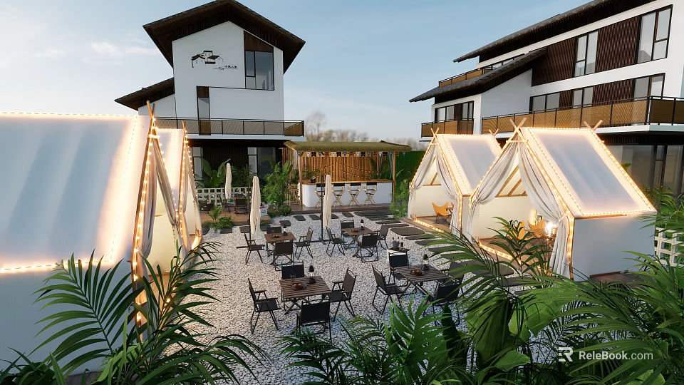 Modern Teahouse Outdoor Area With White Tents Greenery Tables Chairs And String Lights 3d model 