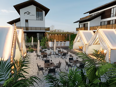 Modern Teahouse Outdoor Area With White Tents Greenery Tables Chairs And String Lights 3d model