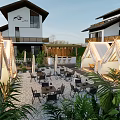 Modern Teahouse Outdoor Area With White Tents Greenery Tables Chairs And String Lights