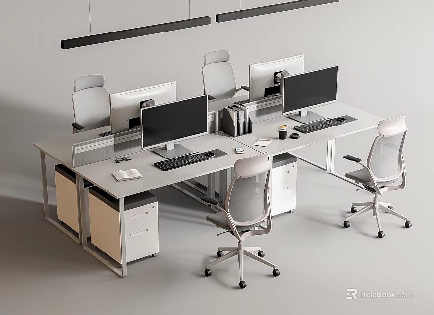 Modern Office Desk Setup With Multiple Computer Monitors Office Chairs And Drawer Cabinets 3d model