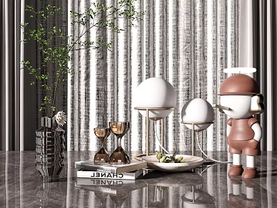 Modern Minimalist Decorative Ornament Set With Green Plant Vase Candle Holders Sphere Figurine And Books 3d model
