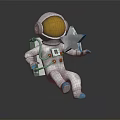 Man In White Astronaut Spacesuit With Helmet Holding Yellow Star Sitting On Dark Reflective Surface