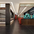 Modern Hotel Lobby Interior With Decorative Screen Staircase Orange Lighting And Dark Flooring