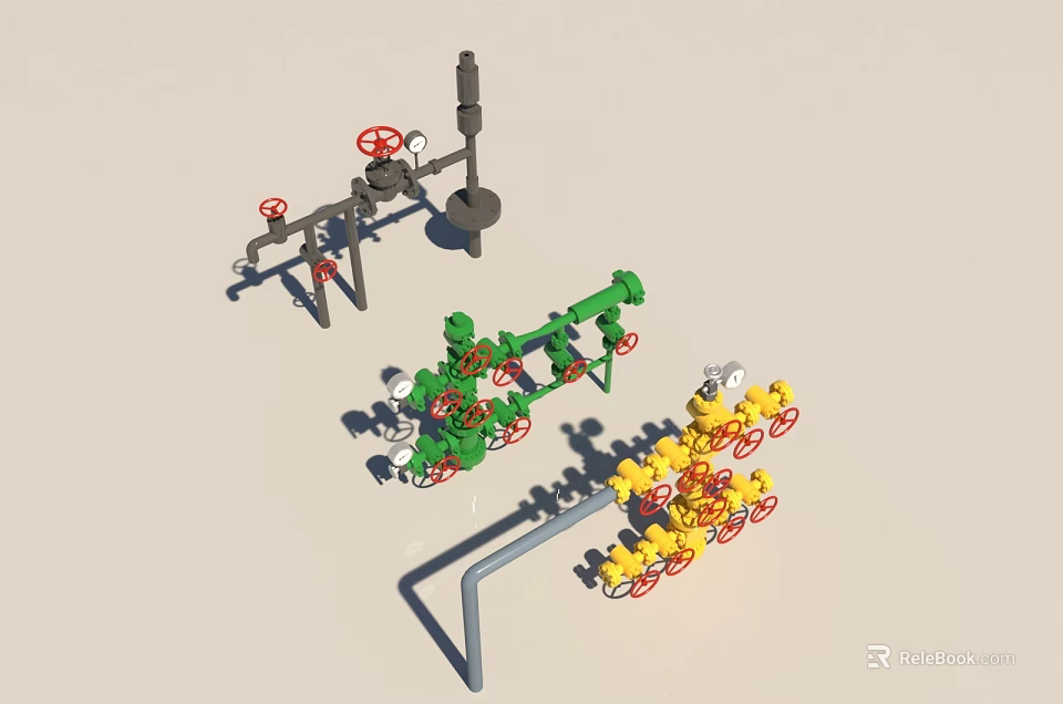 Industrial Piping System With Green Yellow Valve Components And Control Equipment 3d model 