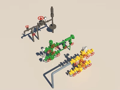Industrial Piping System With Green Yellow Valve Components And Control Equipment 3d model