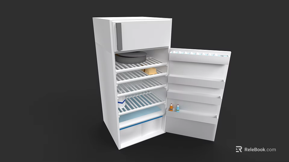 Modern White Kitchen Refrigerator With Open Door And Interior Storage Shelves 3d model