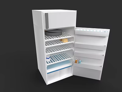 Modern White Kitchen Refrigerator With Open Door And Interior Storage Shelves 3d model