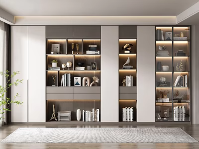 Modern Built in Bookcase Interior Design With Soft Lighting Multiple Compartments Books Vases And Photo Frames 3d model