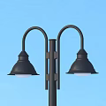 Black Outdoor Street Light With Dual Lamp Heads And Decorative Hanging Lanterns For Garden Pathway