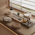 Japanese Style Wooden Tea Table and Chairs with Cushions Tea Set Fruits and Natural Light