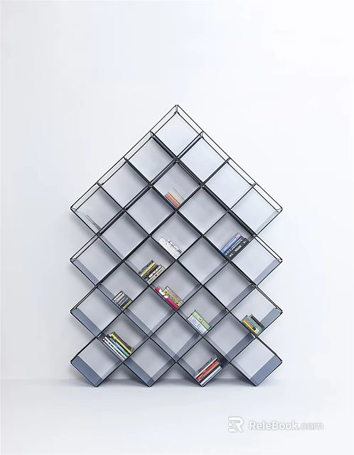 Modern Geometric Wall Mounted Bookshelf With Metal Frame Open Cubes And Books 3d model 