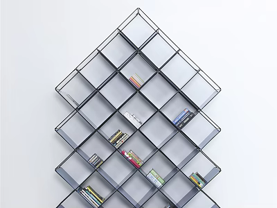 Modern Geometric Wall Mounted Bookshelf With Metal Frame Open Cubes And Books 3d model