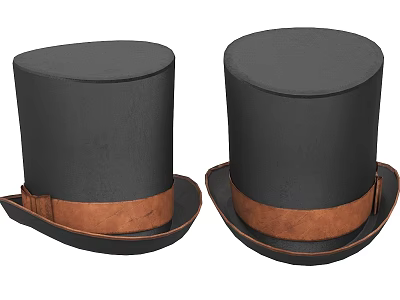 Pair of Classic Black Felt Top Hats With Brown Leather Bands 3d model