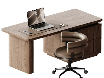 Sturdy Solid Wood Office Desk And Soft Leather Chair Set For Comfortable Home Working Space 3d model