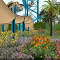 Colorful Water Slide Amusement Equipment With Blue Yellow Tubes And Palm Trees Red Orange Purple Flowers