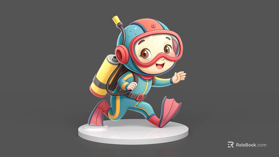 Colorful Cartoon Game Character With Scuba Helmet Oxygen Tank And Flippers 3d model 