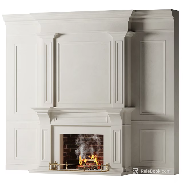 Elegant White Fireplace Interior Design With Burning Flames And Panels 3d model 