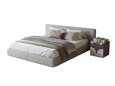 Modern Kids Bed With Gray Headboard Striped Pillows And Cute Nightstand 3d model