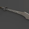 Ornate Medieval Weapon With Silver Carved Blade Brown Handle And Metal Accents