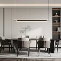 Elegant Modern Dining Table Set Interior With Gray White Wooden Chairs Pendant Light And Bookshelf