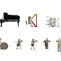 Group of Musicians Playing Various Instruments Including Piano Harp Drums And Conductor