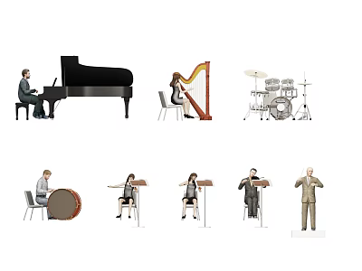 Group of Musicians Playing Various Instruments Including Piano Harp Drums And Conductor 3d model