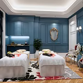 Elegant SPA Sauna Room With Two Massage Beds White Sheets Blue Walls And Mirror