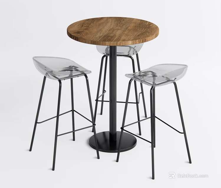 Round Wooden Bar Counter With Black Metal Base And Transparent Acrylic Stools 3d model 