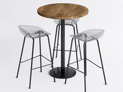 Round Wooden Bar Counter With Black Metal Base And Transparent Acrylic Stools 3d model